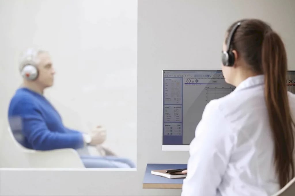Profissional realiza teste de audiometria em cabine acústica