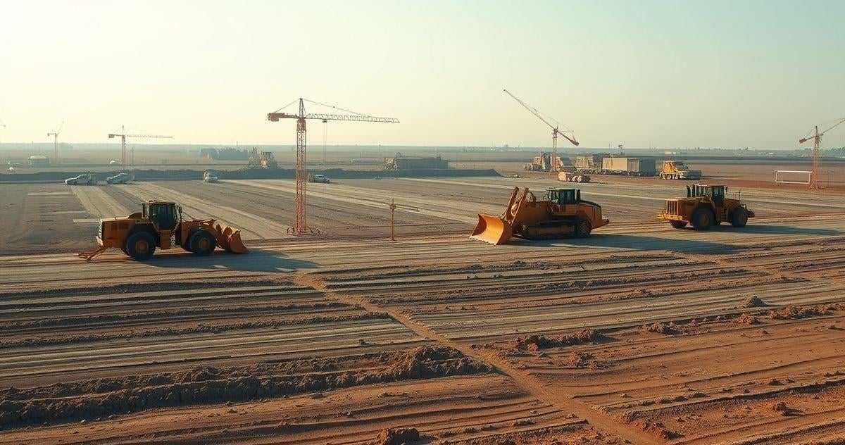 Máquinas pesadas operando em obra de infraestrutura viária