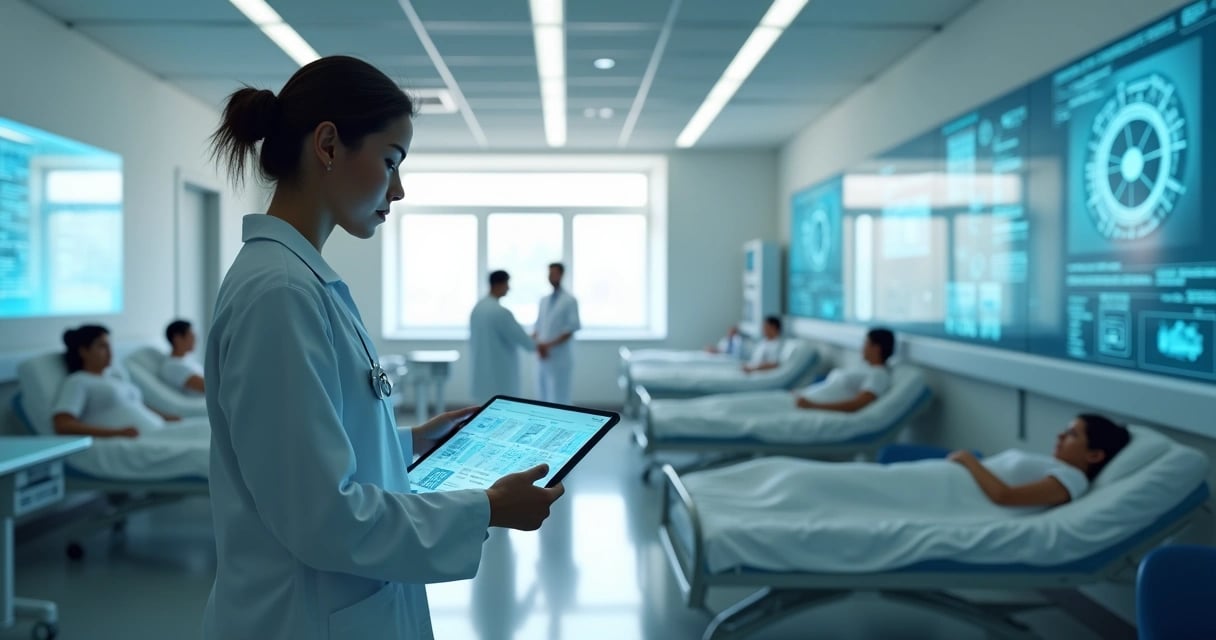 Profissionais de saúde em ambiente hospitalar moderno, em reunião de equipe