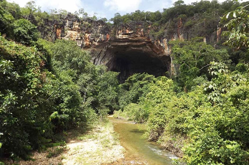 Paisagem do Parque Estadual de Terra Ronca, com uma caverna e vegetação do Cerrado. A imagem apresenta uma cena natural ampla e horizontal.