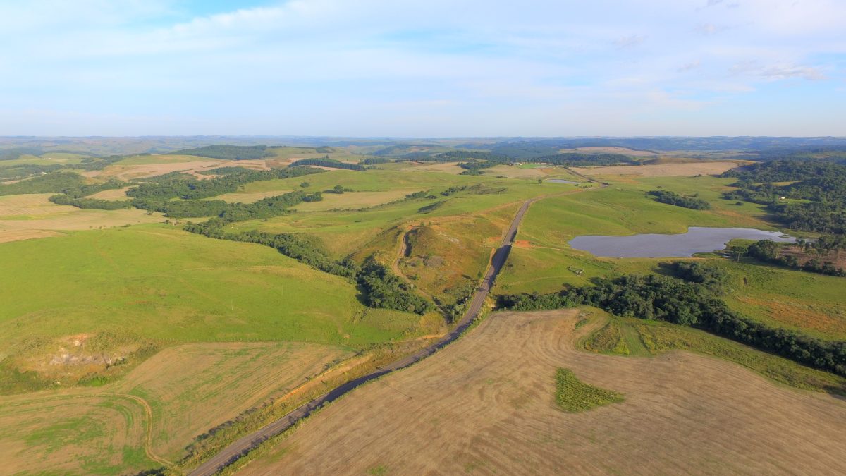 Paisagem do Vale do Taquari, com vegetação, estrada e corpo d’água, em cenário rural da região