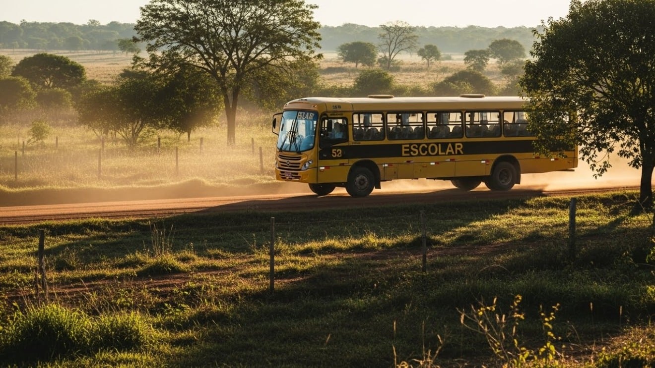 Ônibus escolar em estrada de terra ao pôr do sol, área rural de MS