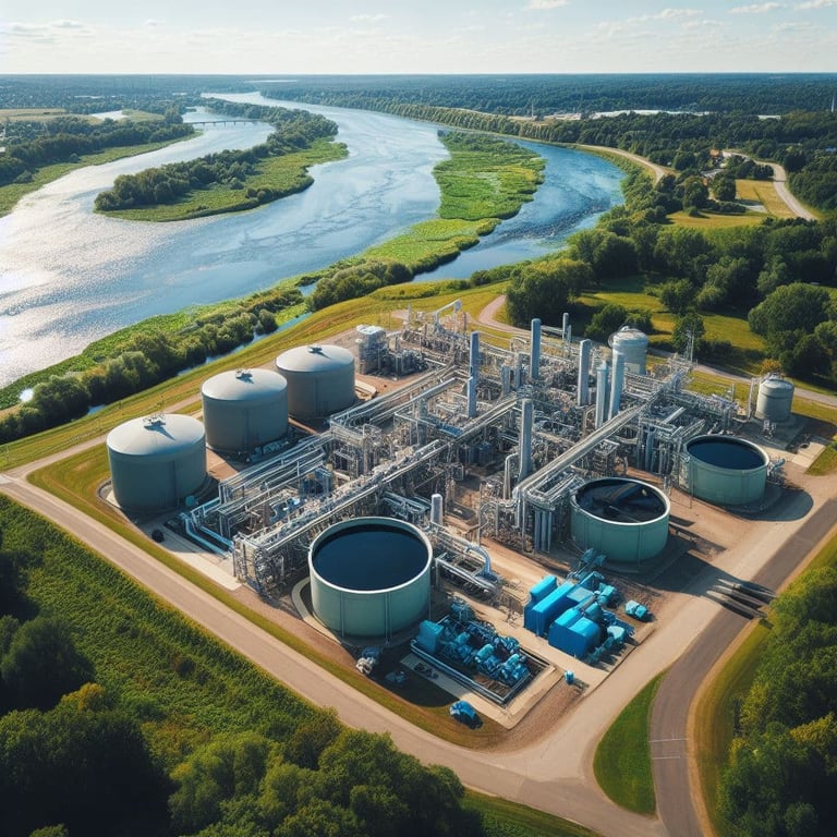 Estrutura moderna de Estação de Tratamento de Água, com tanques e passarelas