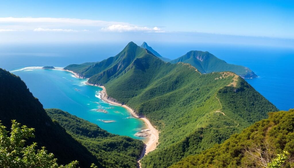 Vista da orla de Ubatuba ao entardecer, com praias e morros da Mata Atlântica ao fundo
