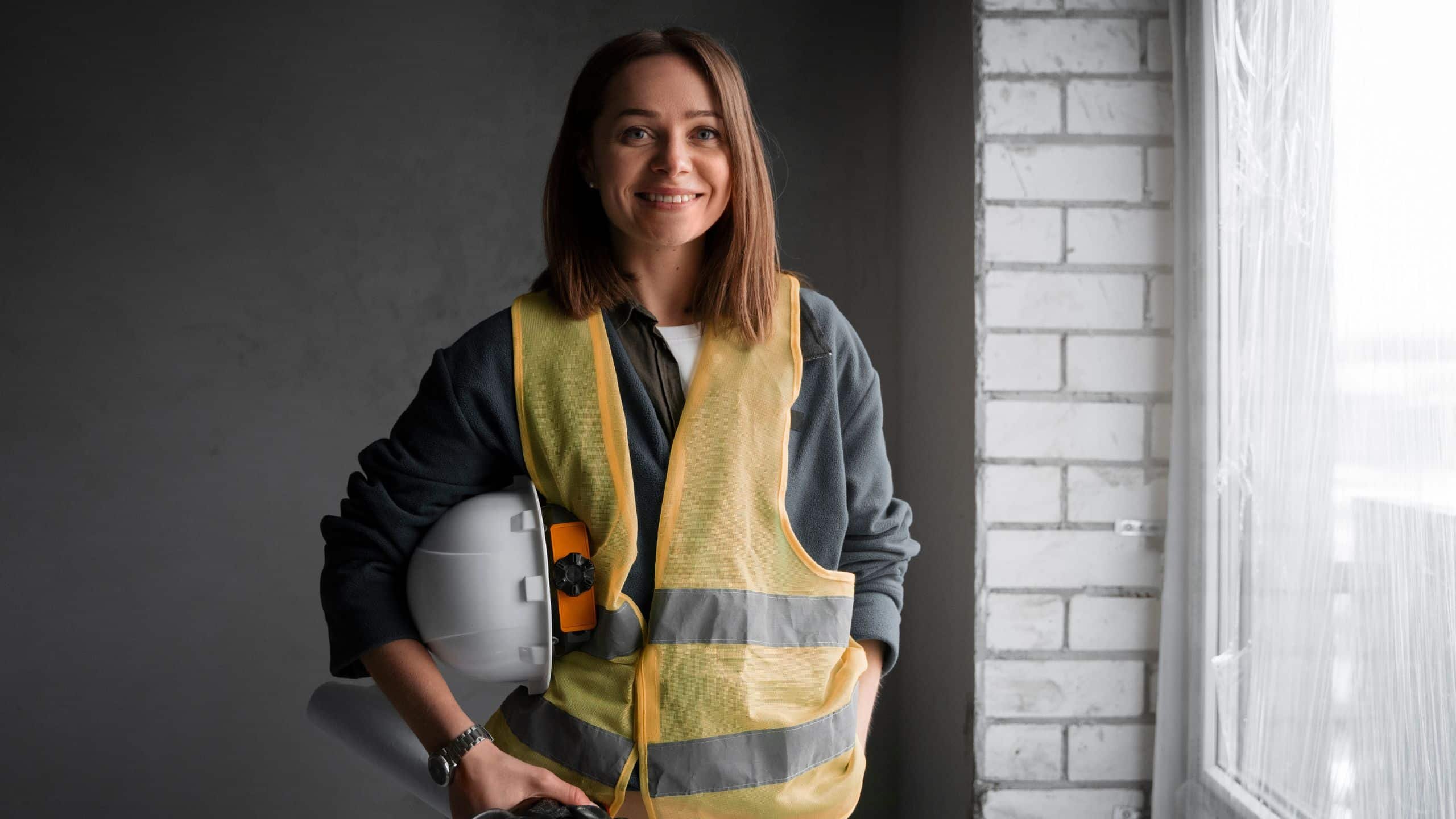 Trabalhadora da construção civil com EPI