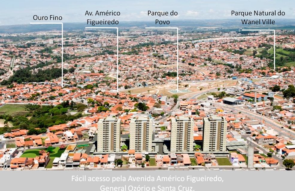 Panorama urbano de Sorocaba ao entardecer, com avenidas e áreas verdes