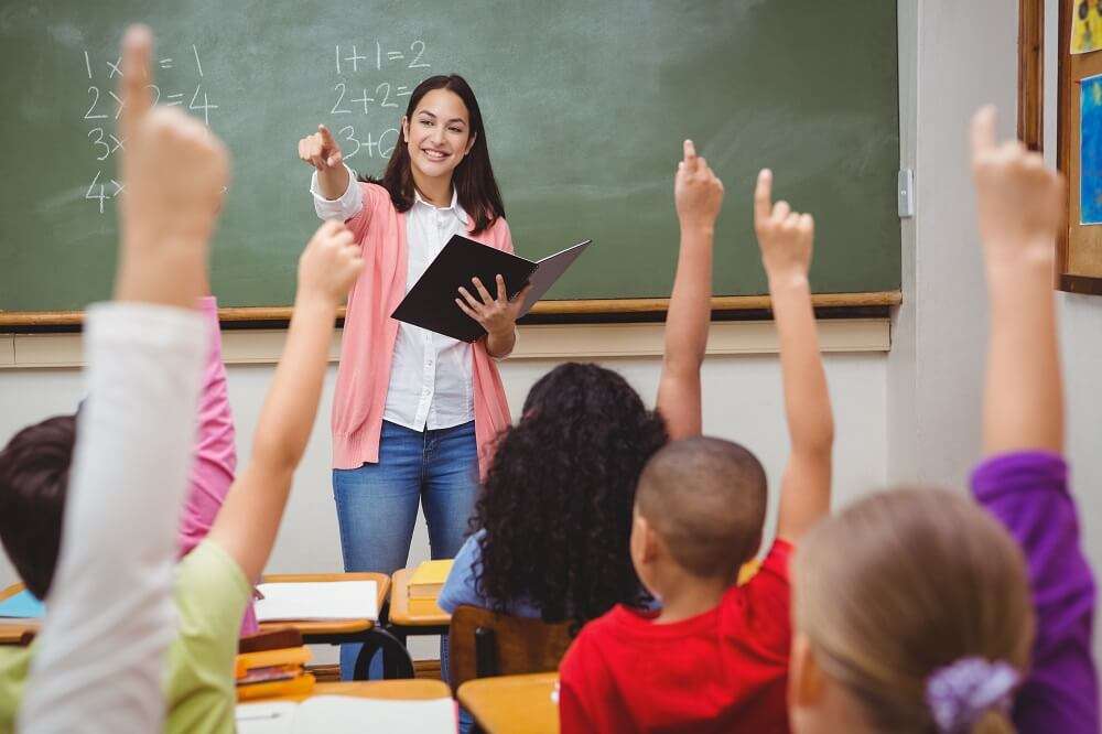 Sala de aula do ensino fundamental, com professor ao quadro e alunos atentos