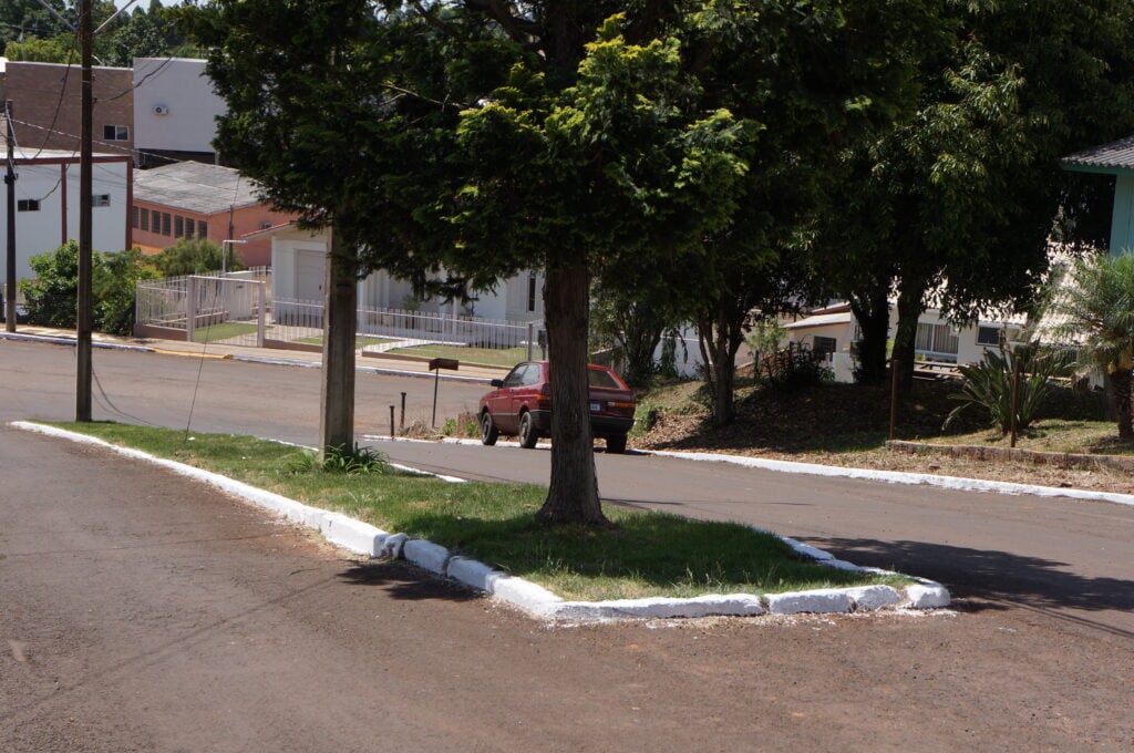 Vista urbana de Trindade do Sul RS, em dia claro, com rua e vegetação em destaque
