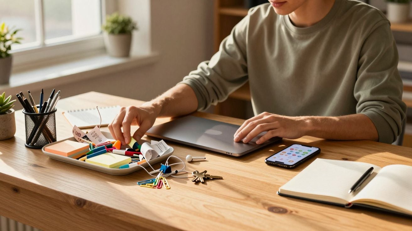 Pessoa estudando com caderno e notebook, em composição horizontal e tom neutro