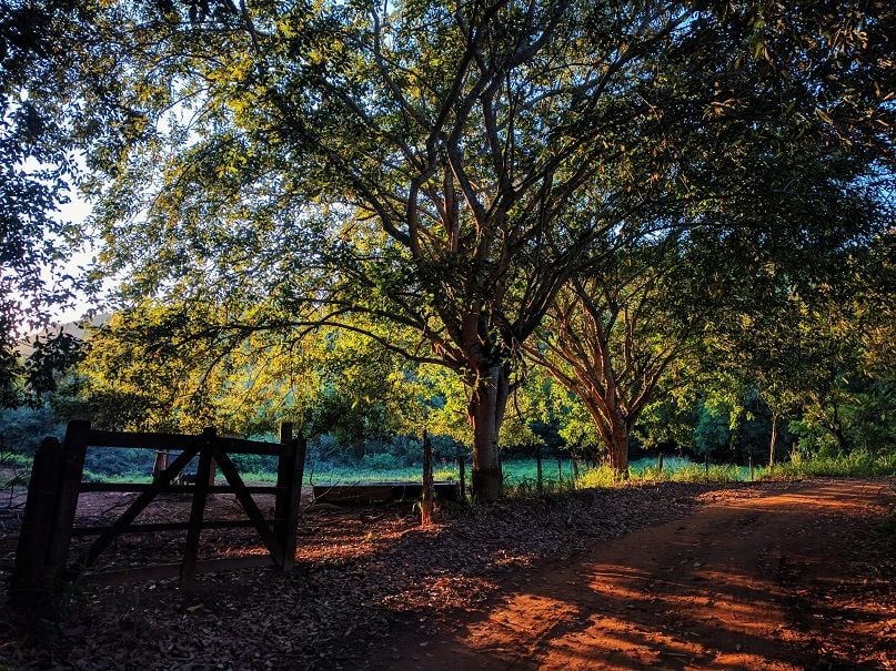 Estrada rural em área serrana de Minas Gerais ao pôr do sol