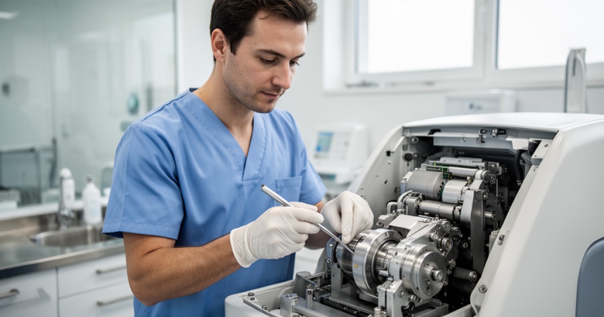 Engenheiro de manutenção hospitalar com EPI, checando sistema predial com prancheta