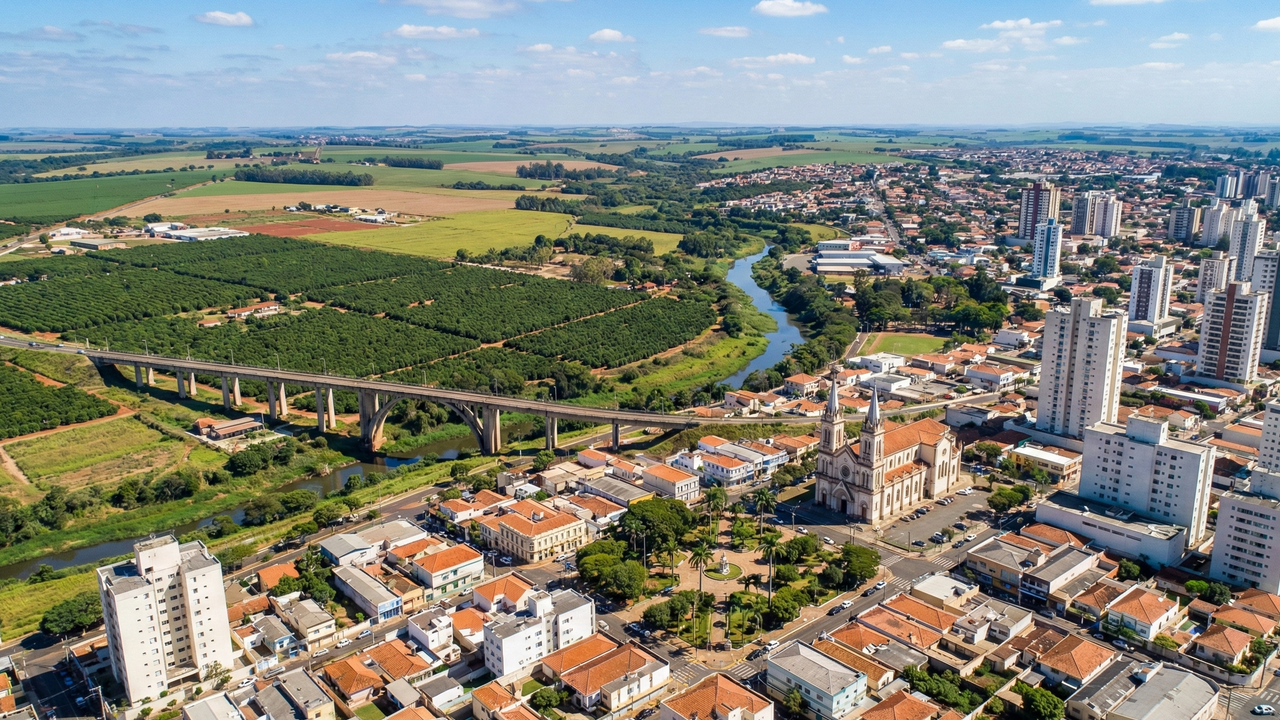 Vista aérea de Flora Rica SP, com igreja e praça central
