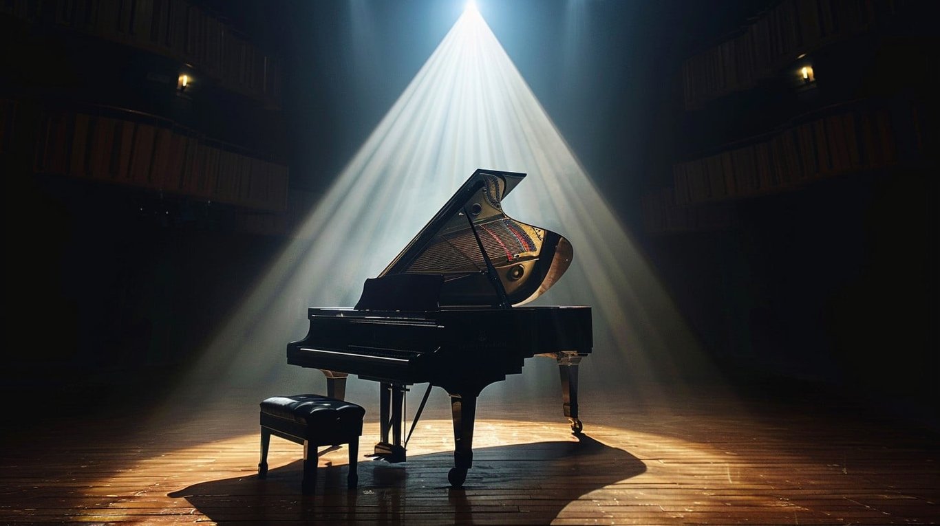 Auditório de música com piano de cauda no palco, iluminação quente e plateia vazia