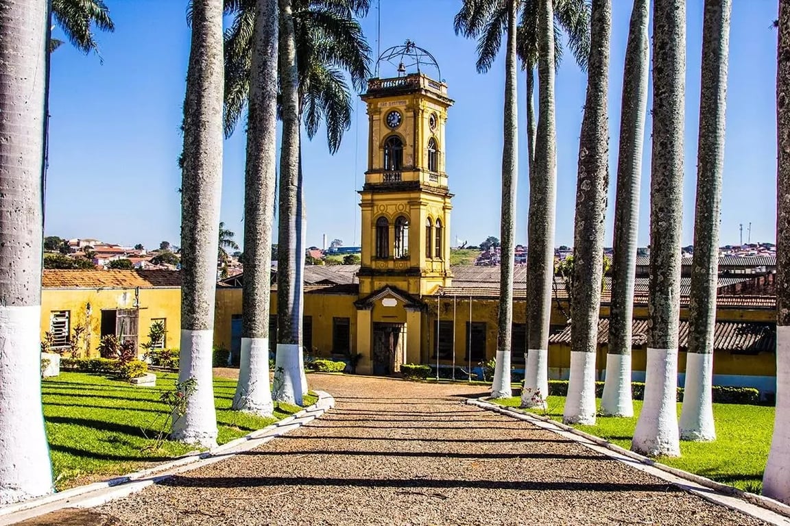 Centro histórico de Tatuí, com prédio histórico e palmeiras no eixo central da via