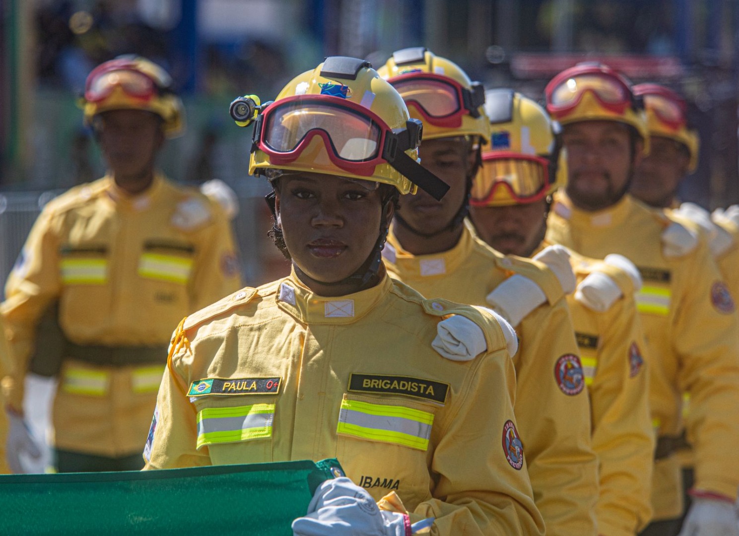 Brigadistas florestais em formação, com equipamentos de combate a incêndios