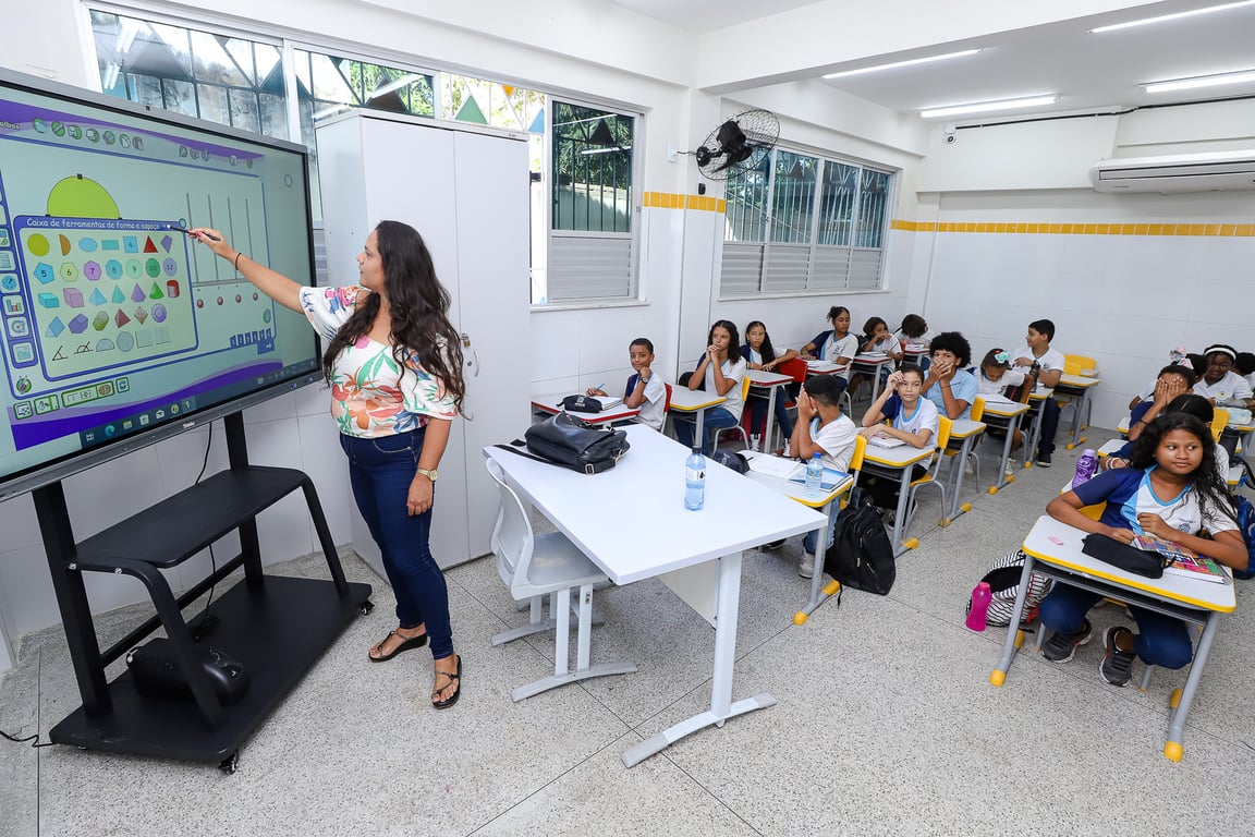 Professora em sala de aula da rede pública, interagindo com estudantes do ensino fundamental diante de quadro digital