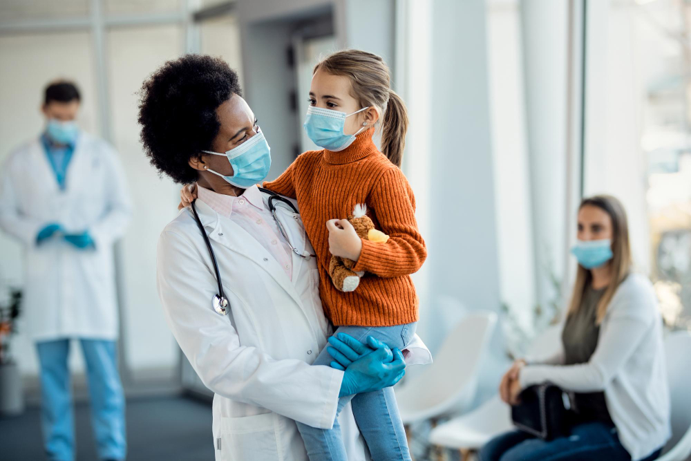 Equipe em ambiente hospitalar pediátrico, em contexto ilustrativo