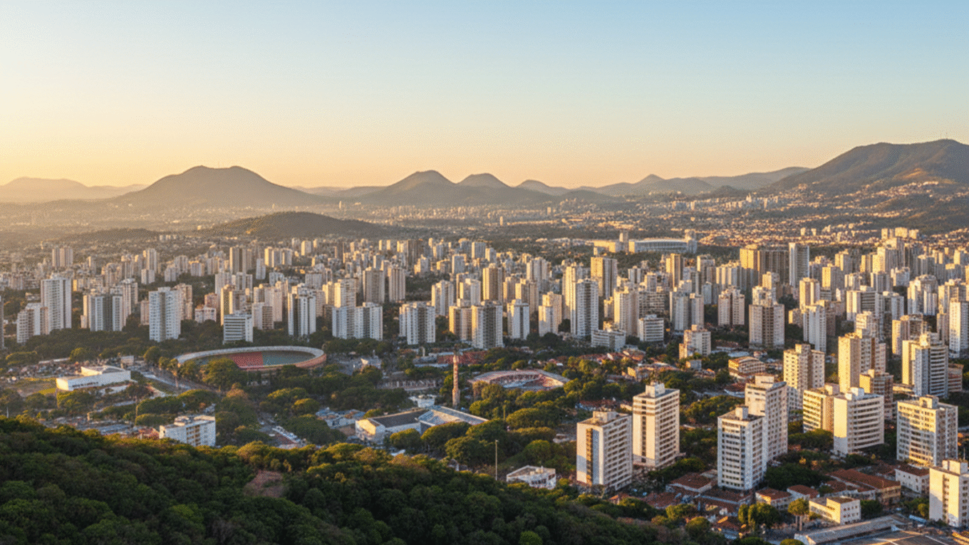 Horizonte de Belo Horizonte ao pôr do sol, com prédios e montanhas ao fundo