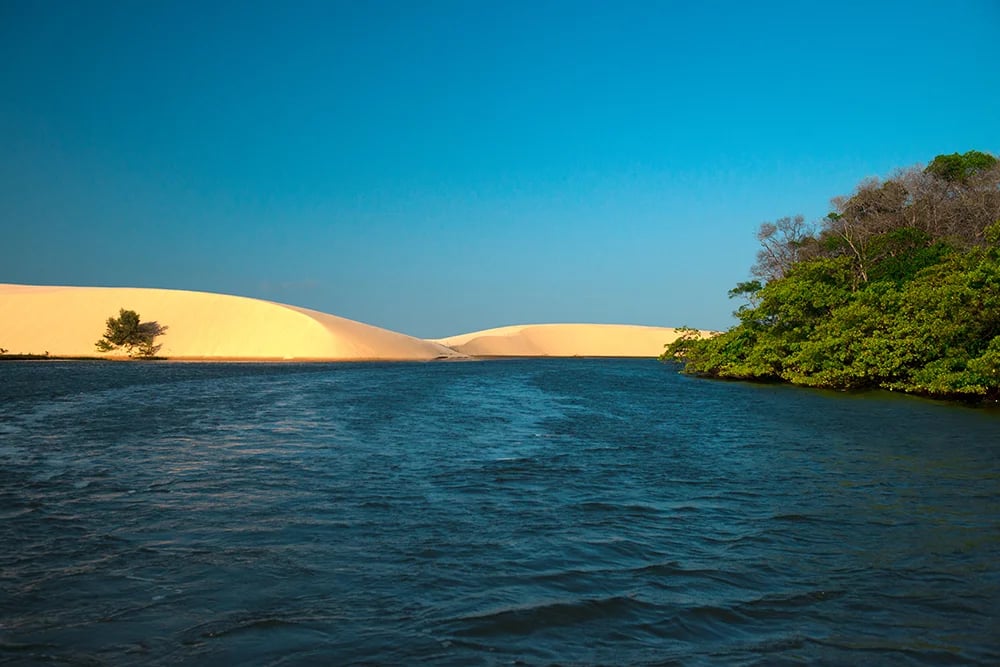 Delta do Parnaíba ao entardecer, com manguezal e dunas
