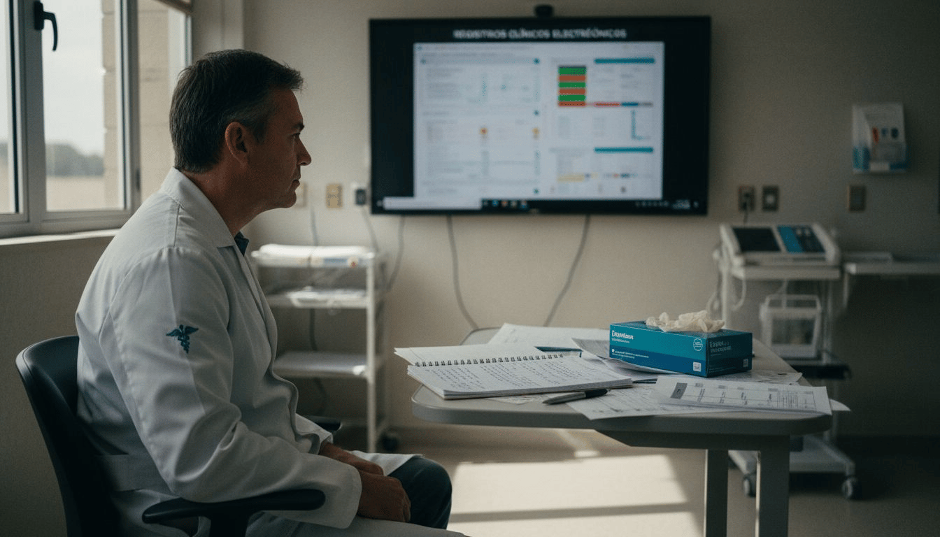 Profissionais de TI analisando dados em ambiente hospitalar