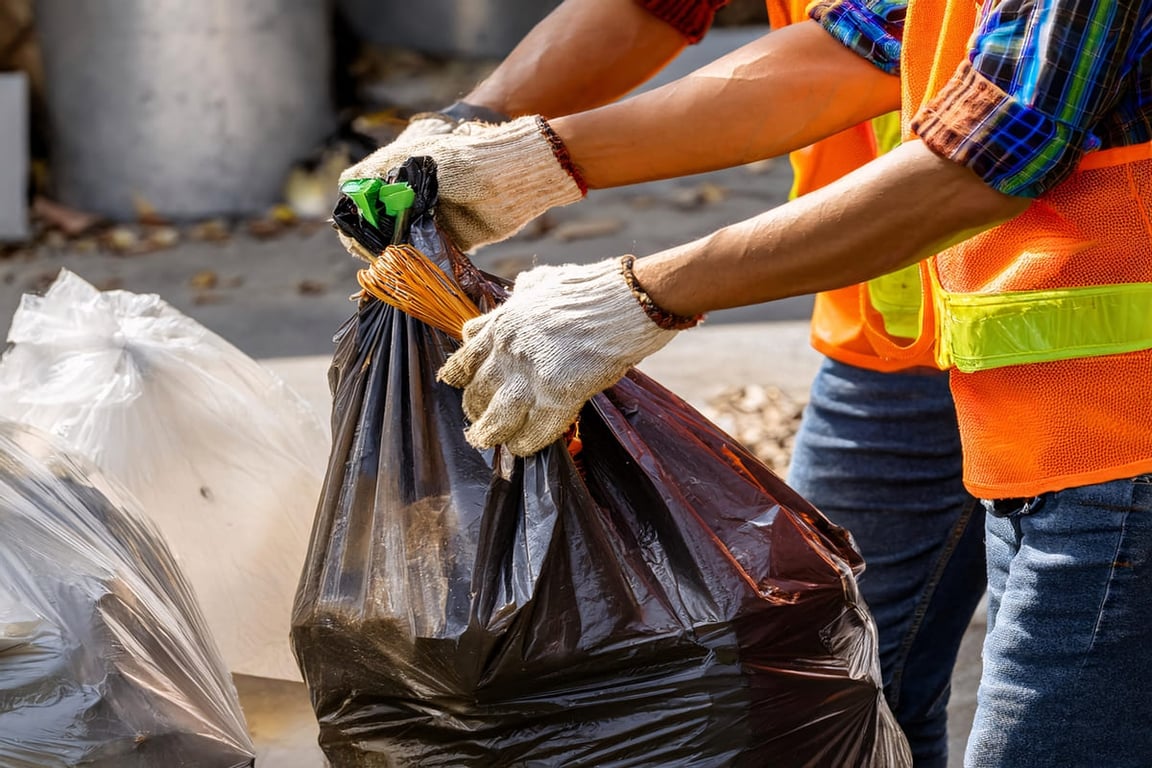 Trabalhadores de saneamento em operação urbana, com EPIs