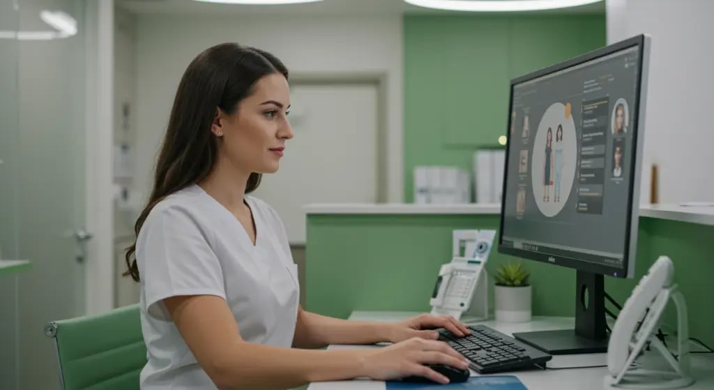Profissionais de saúde em consultório moderno, simbolizando a atenção primária