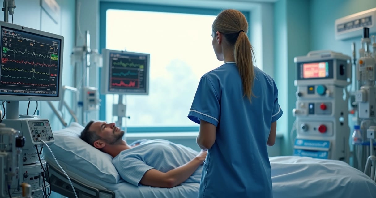 Profissionais de enfermagem em UTI monitorando paciente