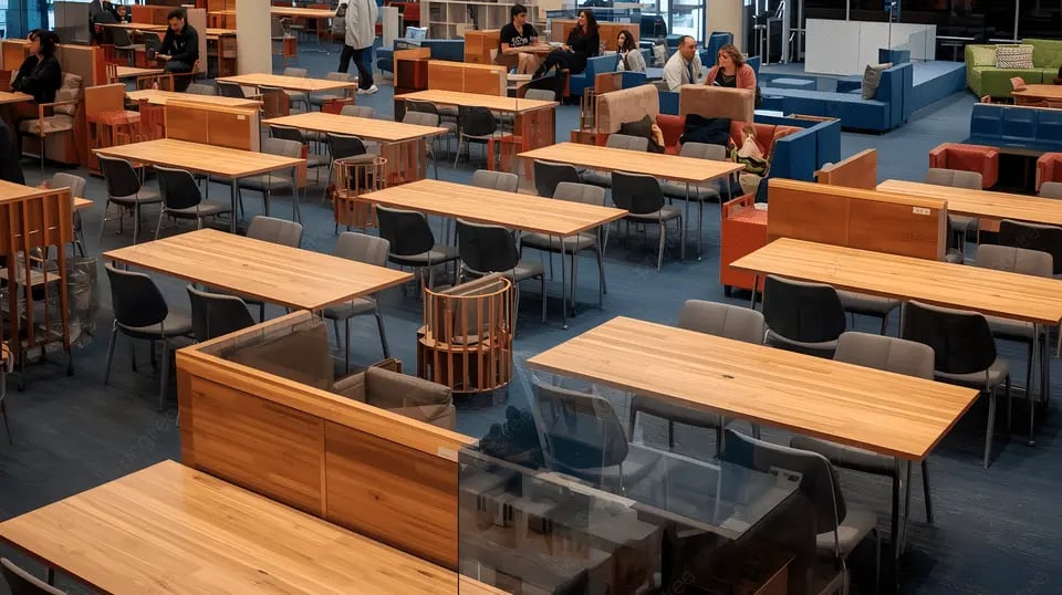 Sala de aula universitária moderna, vazia, com luz natural