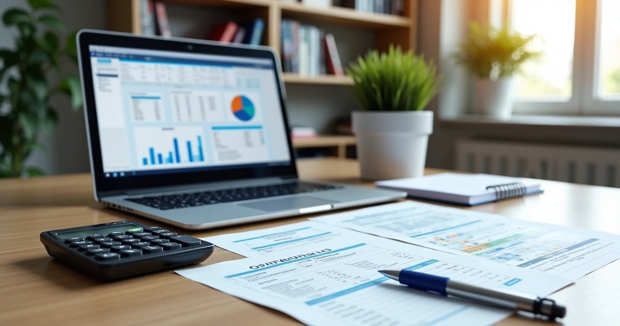 Mesa de trabalho de contador, com notebook e relatórios financeiros, em ambiente institucional