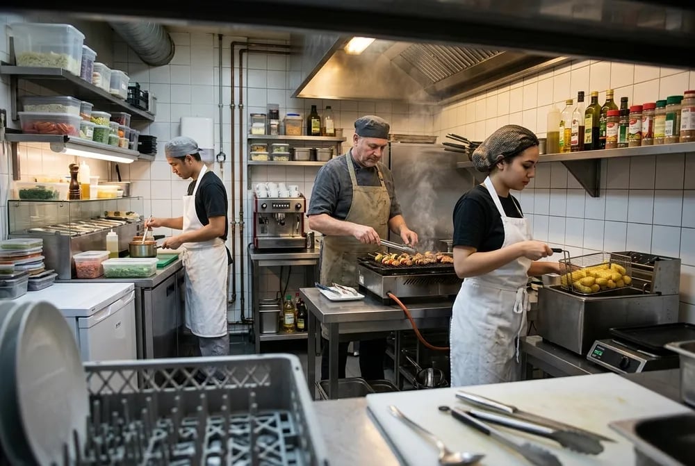 Cozinha industrial com equipe preparando alimentos, ambiente limpo e organizado