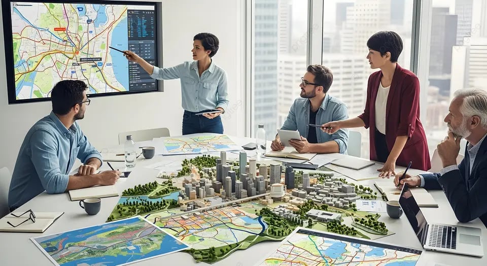 Profissionais analisando mapas e maquetes urbanas em escritório moderno