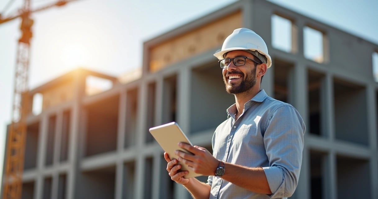 Profissional com EPI utilizando tablet em obra, representando equipes de fiscalização e engenharia municipais