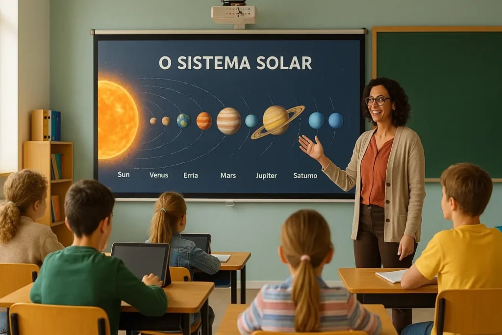 Sala de aula com professora e estudantes da rede pública