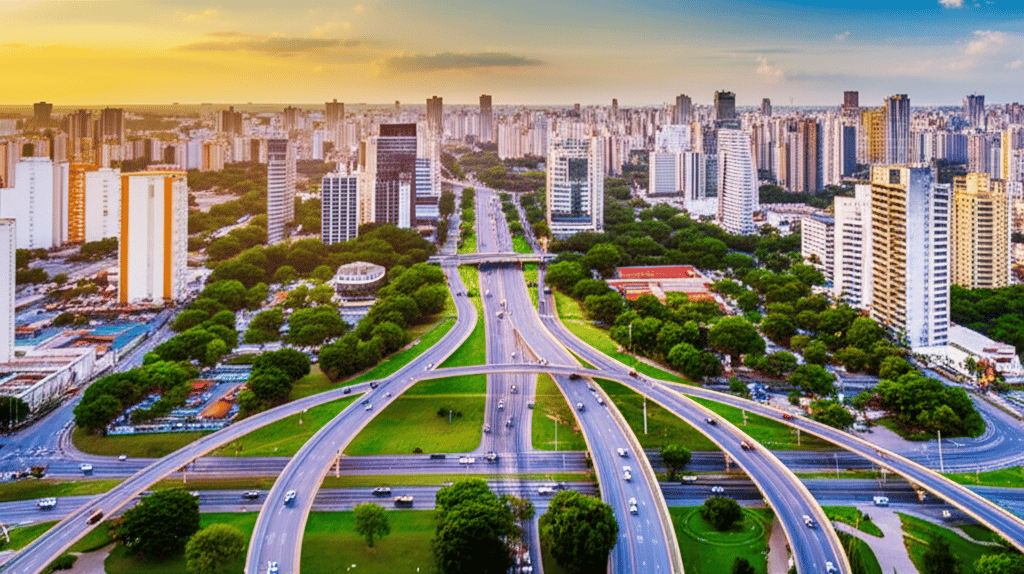 Panorama urbano de Sorocaba, com prédios e vias principais, ao entardecer
