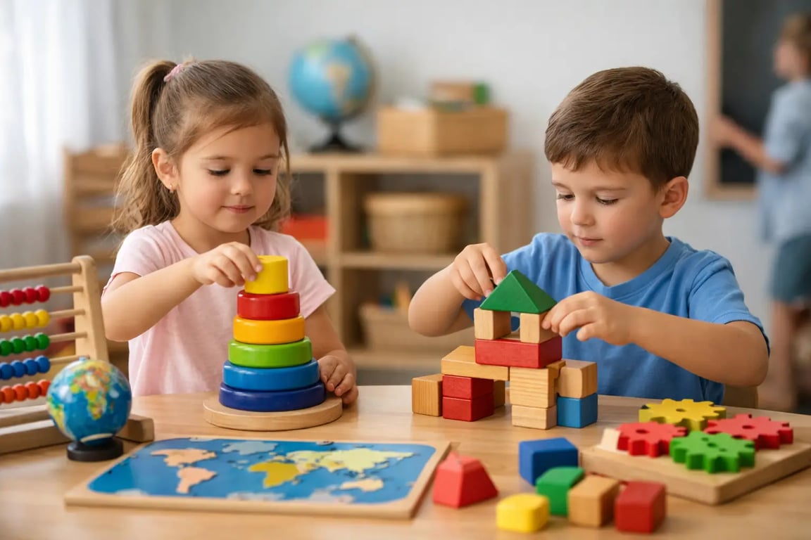 Ambiente de educação infantil, com materiais pedagógicos e interação cuidadosa entre adulto e crianças, em sala colorida