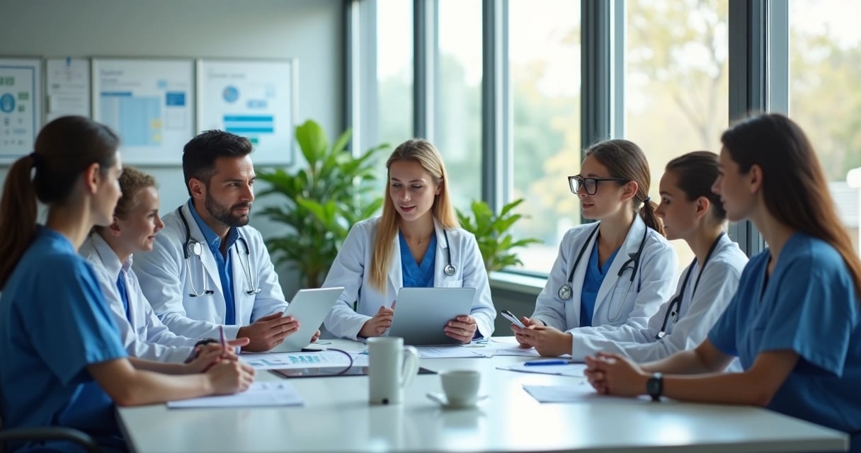 Profissionais de saúde em ambiente hospitalar moderno, com ênfase em trabalho em equipe e tecnologia