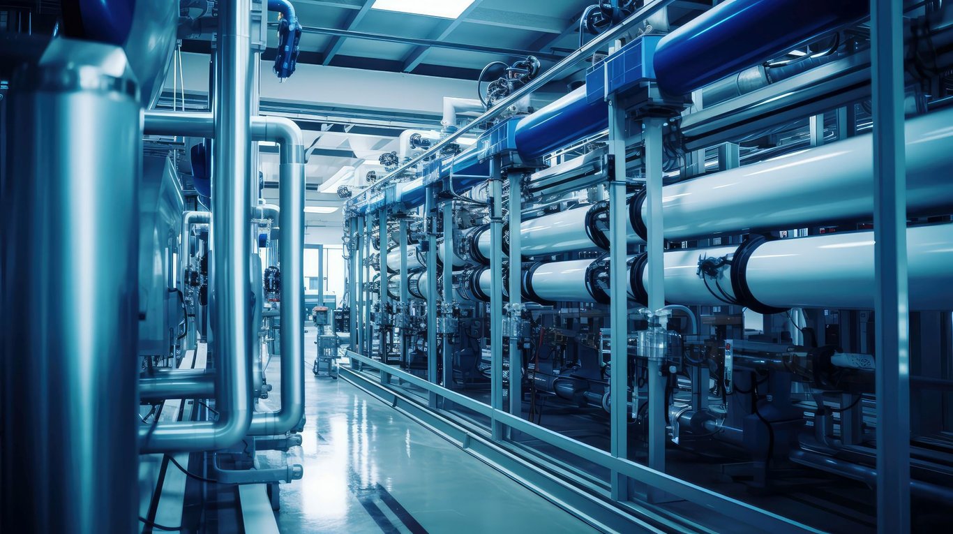 Infraestrutura de tratamento de água, com tanques, tubulações e equipamentos industriais