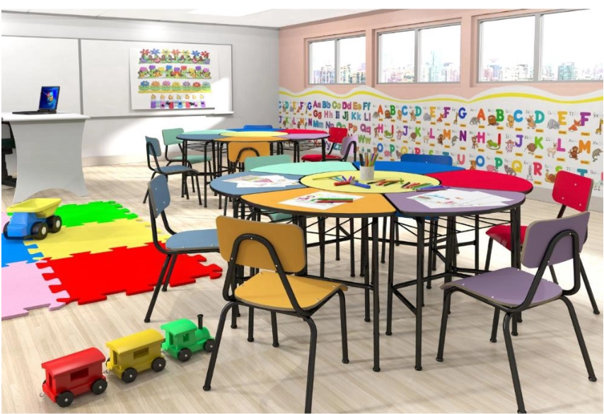 Sala de educação infantil com mesas coloridas, brinquedos e material didático