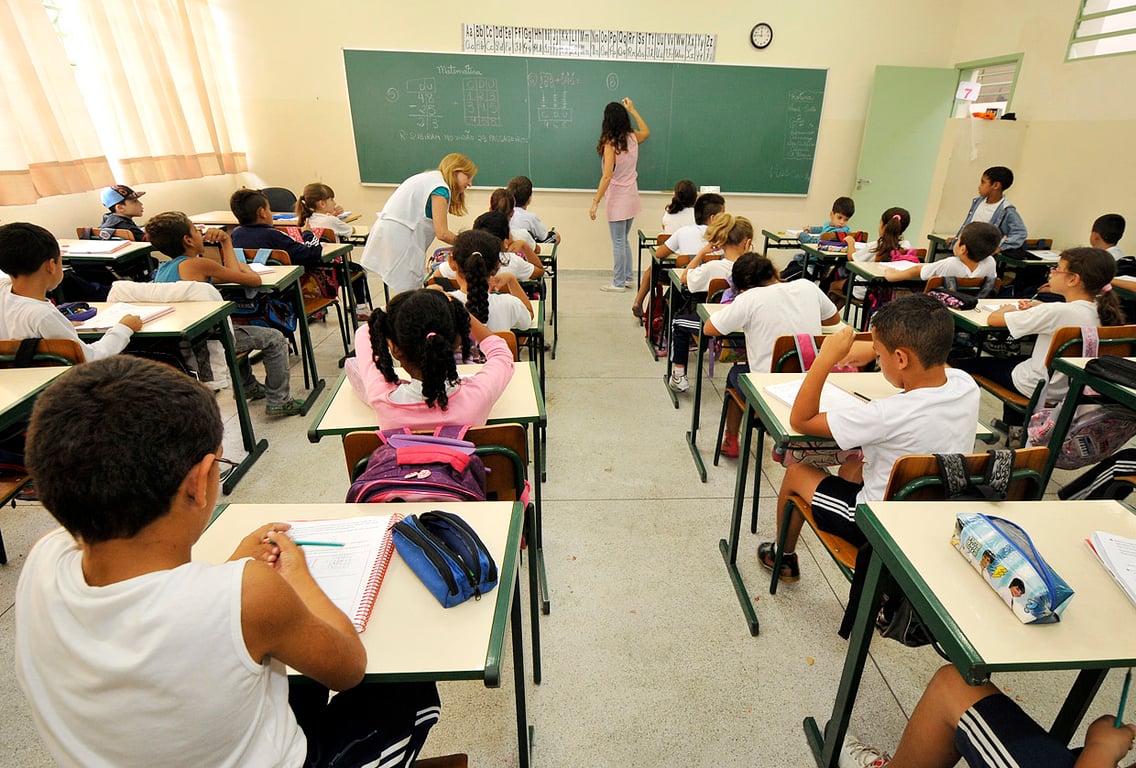 Sala de aula com estudantes do ensino fundamental e professora ao quadro