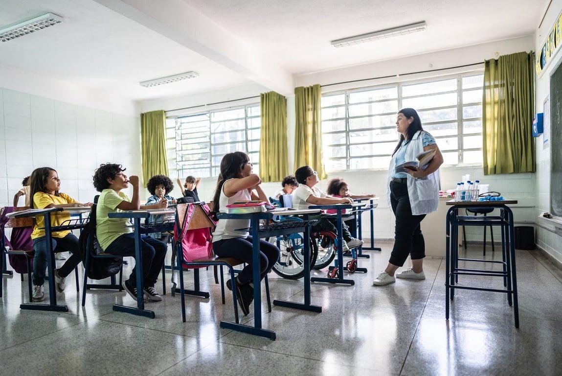 Sala de aula do ensino fundamental no Brasil, com alunos e professora