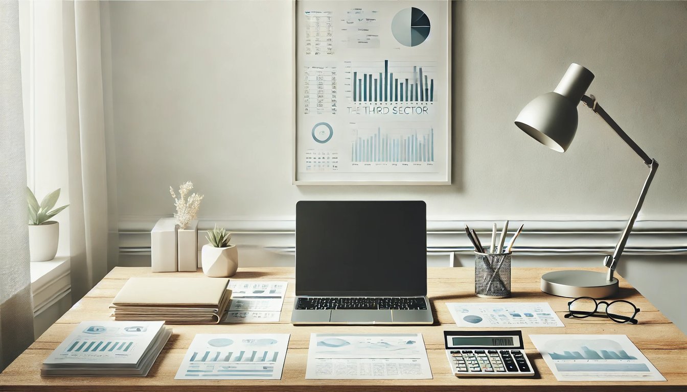 Imagem ilustrativa de contabilidade: mesa com relatórios financeiros, calculadora e computador, em ambiente corporativo moderno