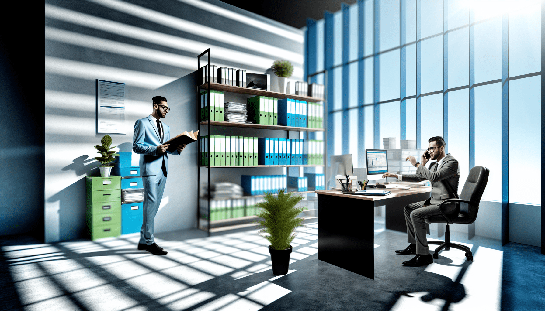 Rotina administrativa em órgão público, com servidores lidando com documentos e sistemas