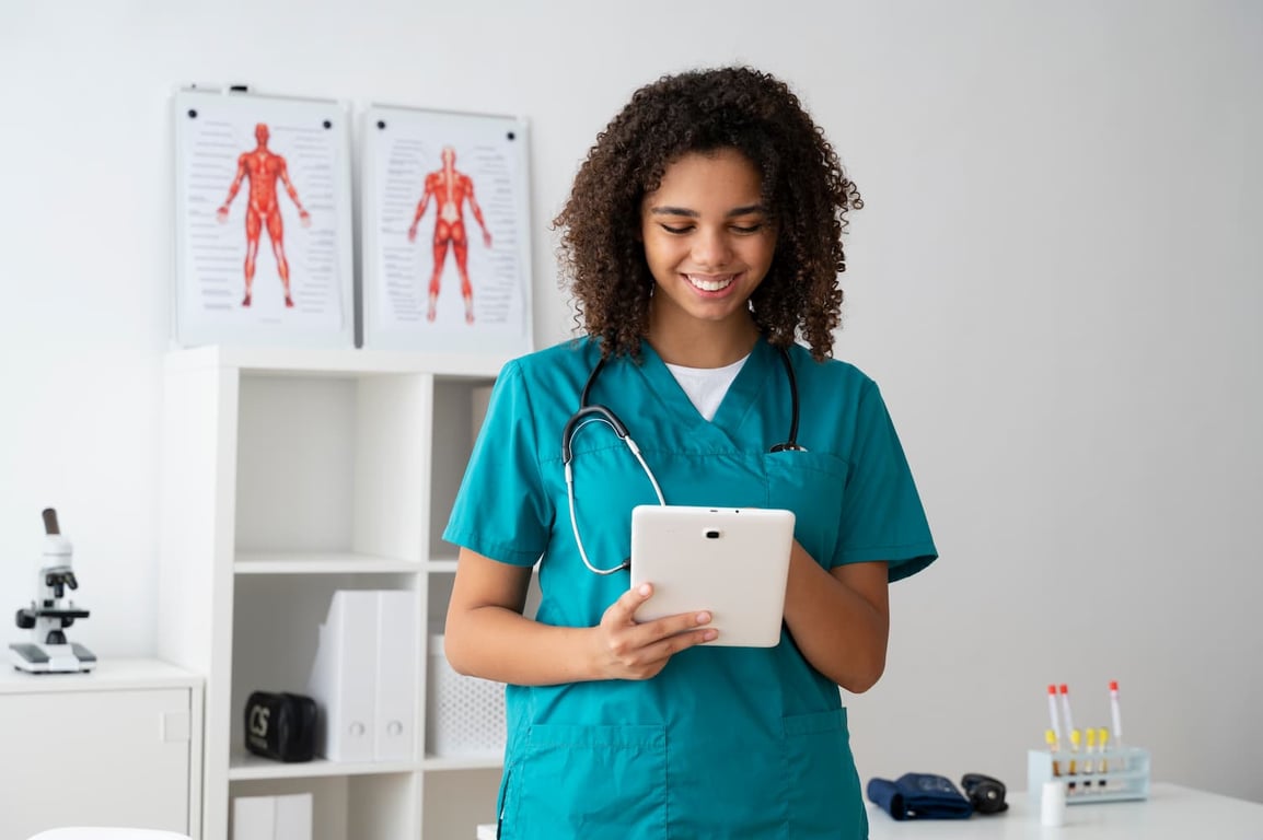 Profissionais de enfermagem em hospital moderno, com foco em tecnologia e trabalho em equipe
