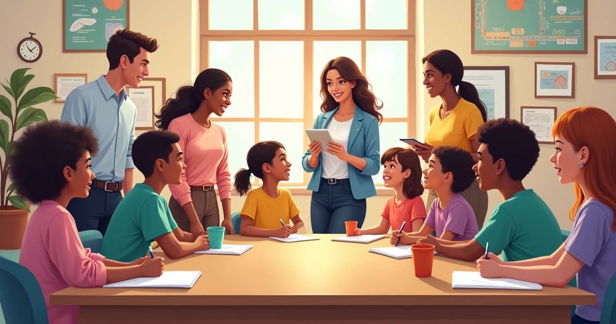 Ambiente escolar com estudantes e clima colaborativo, remetendo ao trabalho do monitor de escola