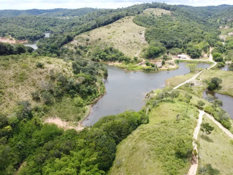 Estrada rural no sudoeste de Goiás ao entardecer, com vegetação, rio e colinas ao fundo