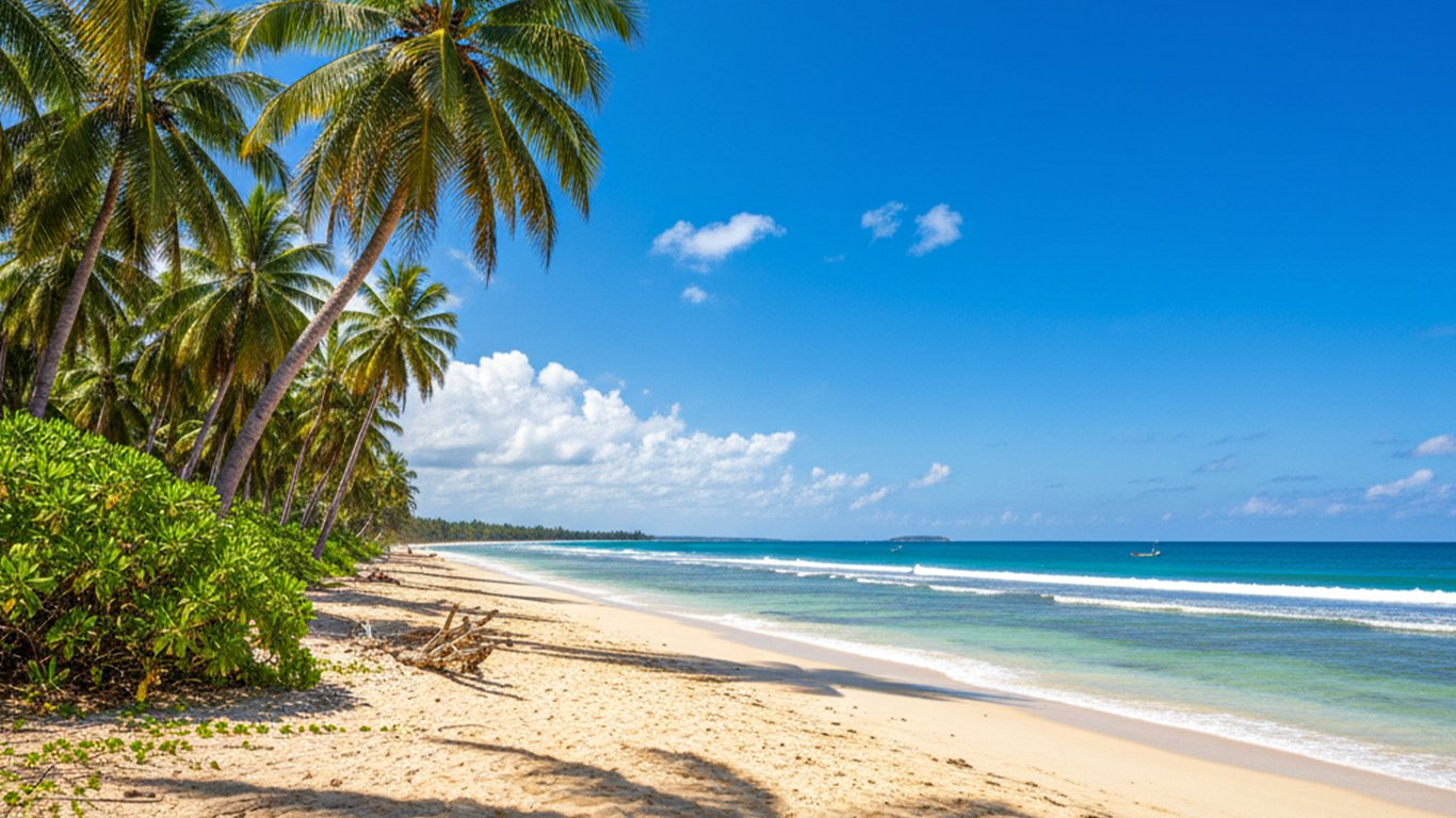 Cena litorânea ao entardecer, com palmeiras e mar, ilustrando ambiente costeiro protegido