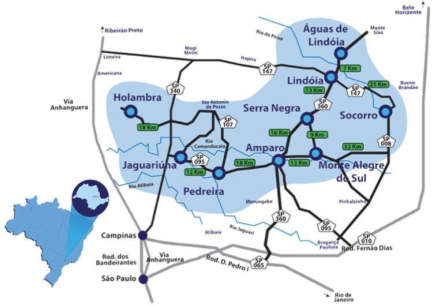 Mapa do Circuito das Águas Paulista com Lindóia e cidades vizinhas