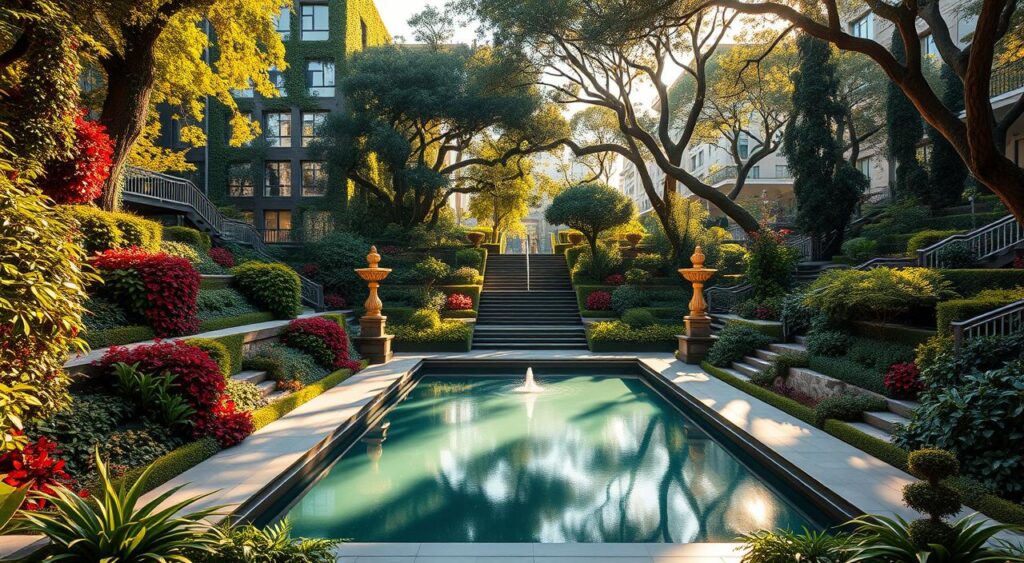 Vista urbana de cidade do interior sob céu ensolarado