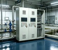Painel de controle em estação de tratamento de água operado por profissional.