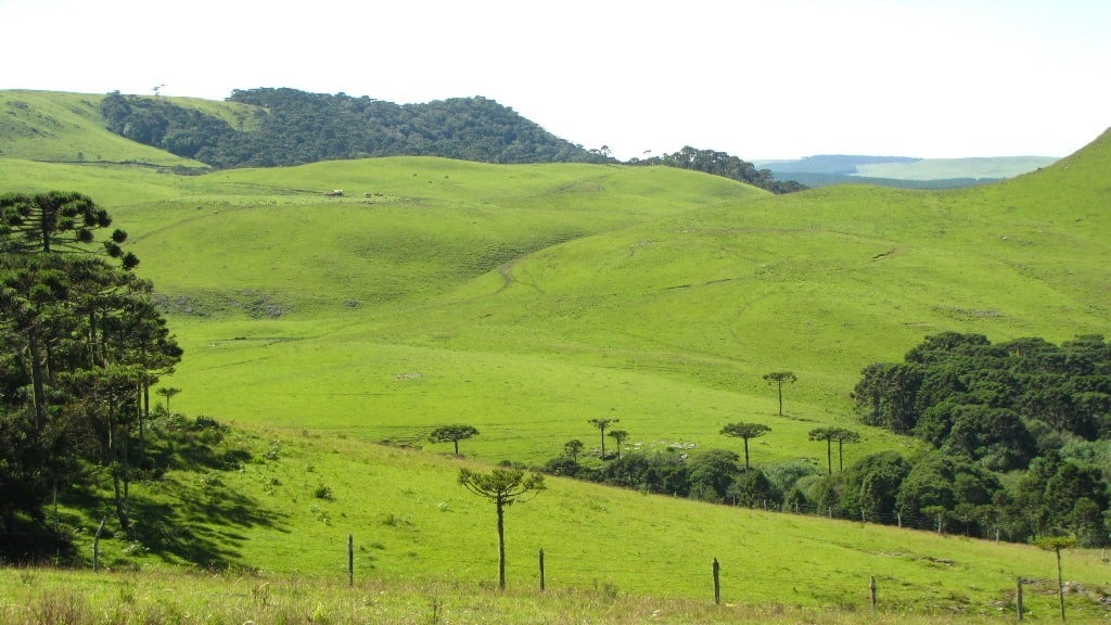 Paisagem do Vale do Rio Pardo ao entardecer, com morros e vegetação verde
